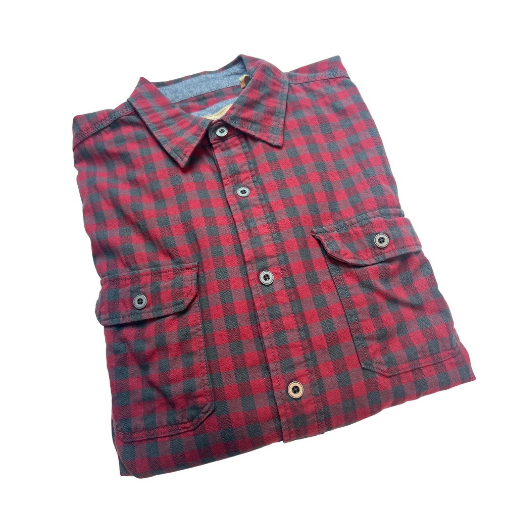 RedHead Flannel Button Down Men L Red Gray Buffalo Plaid Metal Buttons Shirt F11